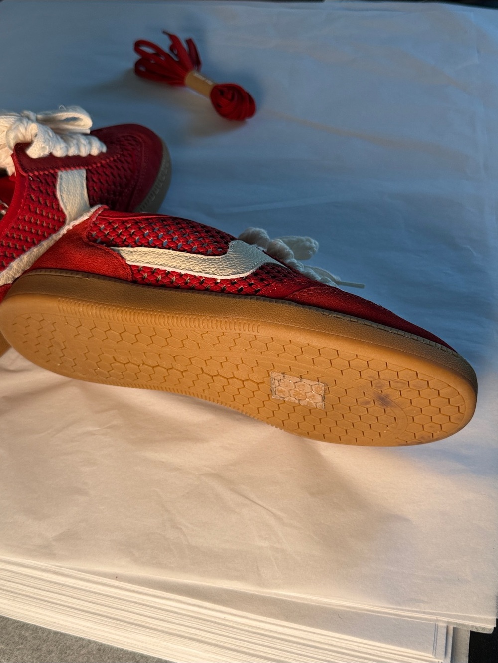 Dolce Vita Merit Perforated Red Suede Sneaker with Cream Accents - Picture 7 of 10